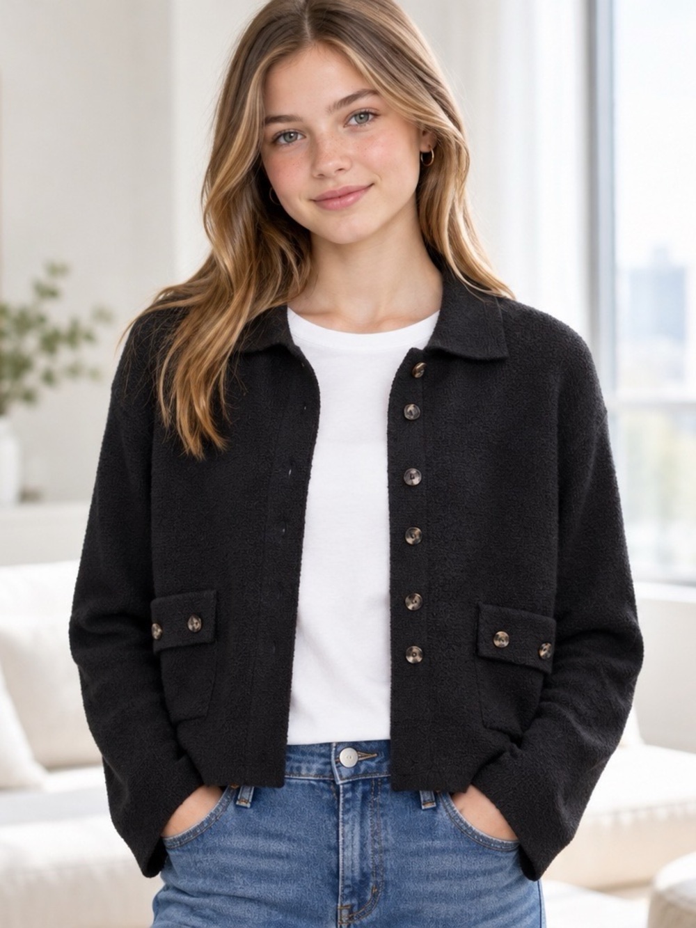 EDIKTED Black Collared Button Front Knit Cardigan Jacket S